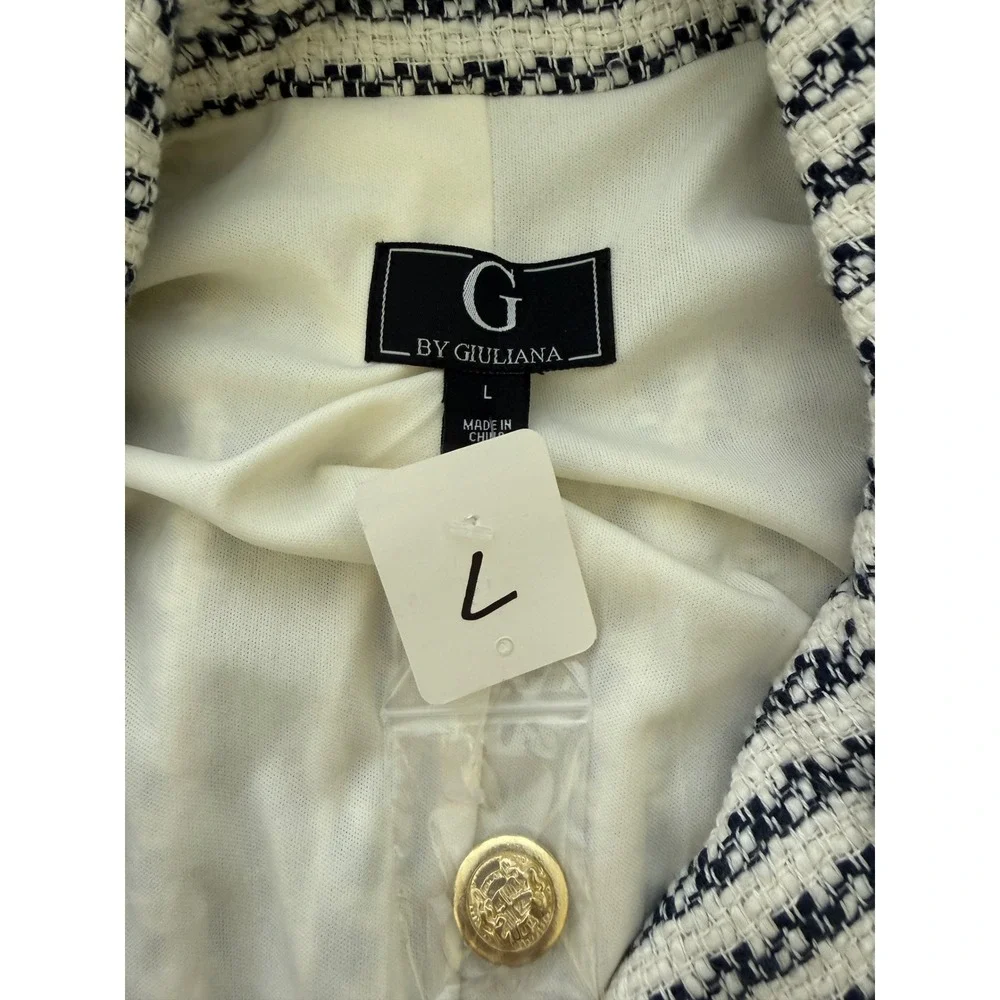 G by Giuliana Tweed Blazer‎ Women Large Navy/White Excellent Fringe Striped